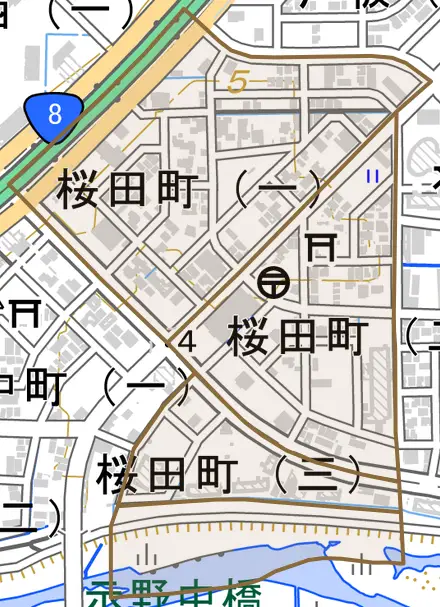 桜田町とその周辺の地図。町の範囲を重ねている
