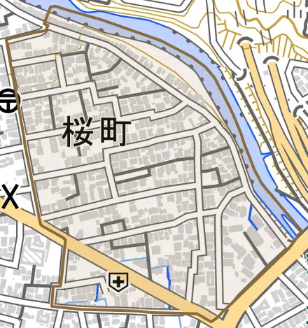桜町とその周辺の地図。町の範囲を重ねている