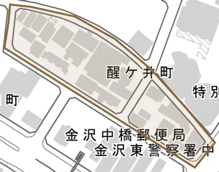 醒ケ井町とその周辺の地図。町の範囲を重ねている