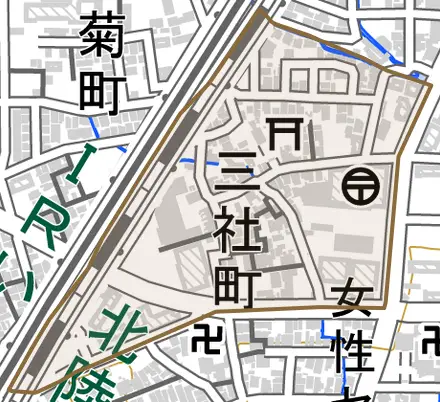 三社町とその周辺の地図。町の範囲を重ねている