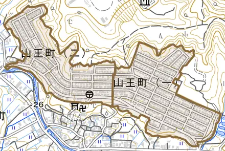 山王町とその周辺の地図。町の範囲を重ねている