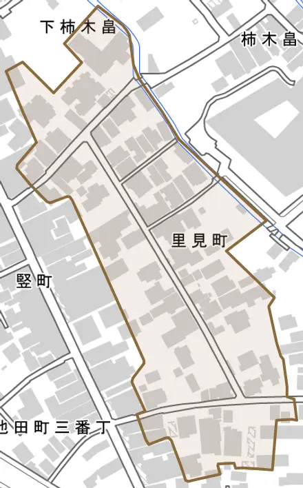 里見町とその周辺の地図。町の範囲を重ねている
