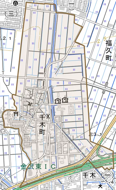 千木町とその周辺の地図。町の範囲を重ねている