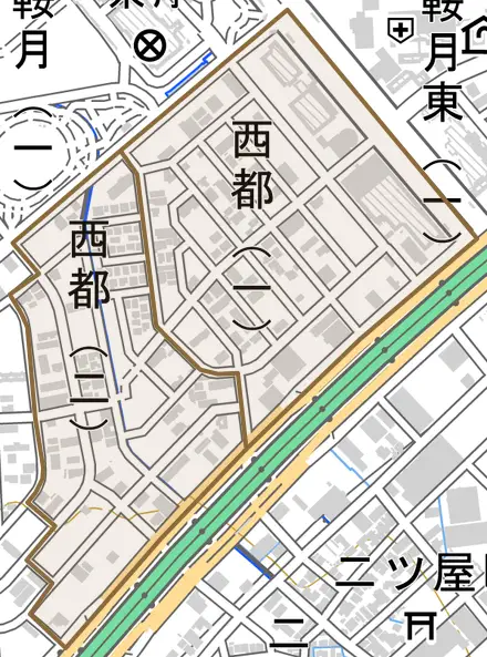西都とその周辺の地図。町の範囲を重ねている