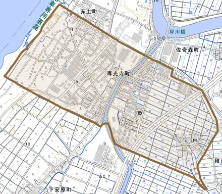 専光寺町とその周辺の地図。町の範囲を重ねている