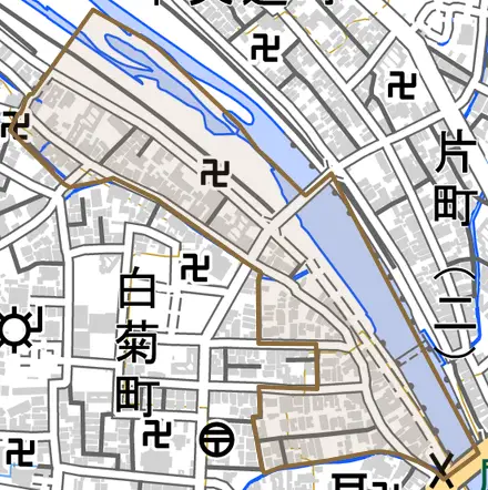 千日町とその周辺の地図。町の範囲を重ねている