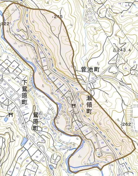 瀬領町とその周辺の地図。町の範囲を重ねている