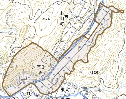 芝原町とその周辺の地図。町の範囲を重ねている
