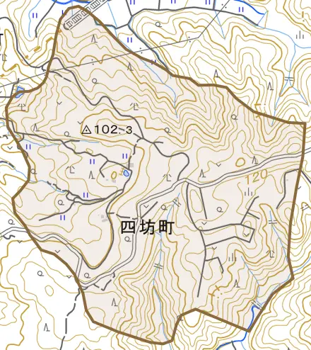 四坊町とその周辺の地図。町の範囲を重ねている