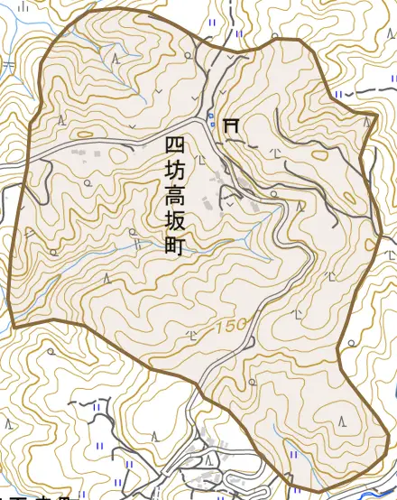 四坊高坂町とその周辺の地図。町の範囲を重ねている