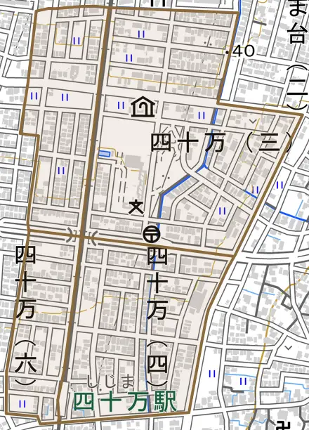 四十万とその周辺の地図。町の範囲を重ねている