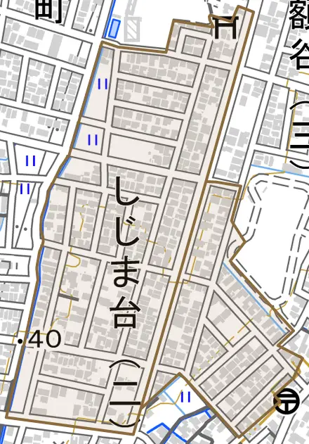 しじま台とその周辺の地図。町の範囲を重ねている
