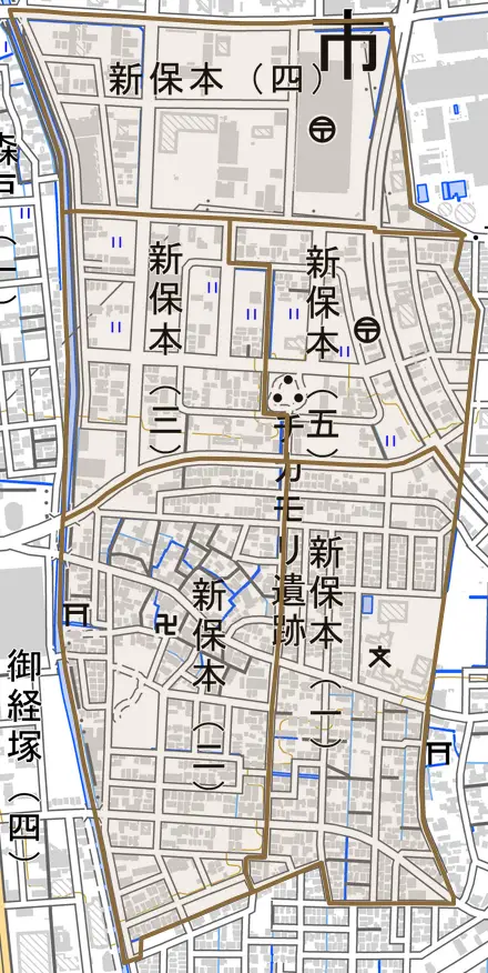 新保本とその周辺の地図。町の範囲を重ねている