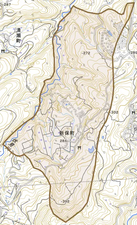 新保町とその周辺の地図。町の範囲を重ねている
