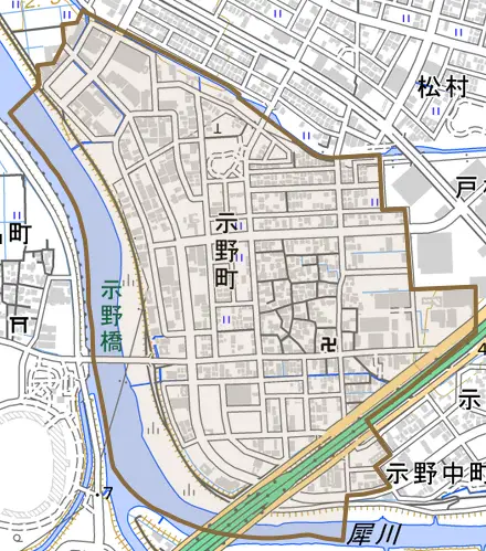 示野町とその周辺の地図。町の範囲を重ねている