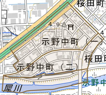 示野中町とその周辺の地図。町の範囲を重ねている