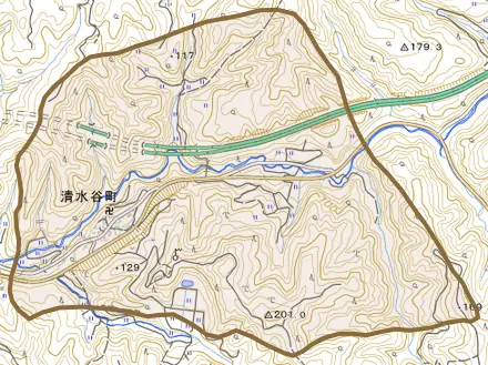 清水谷町とその周辺の地図。町の範囲を重ねている