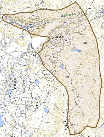 清水町とその周辺の地図。町の範囲を重ねている