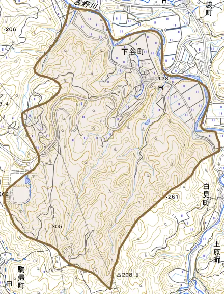下谷町とその周辺の地図。町の範囲を重ねている