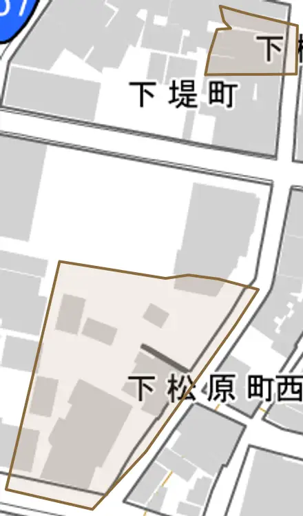下松原町とその周辺の地図。町の範囲を重ねている