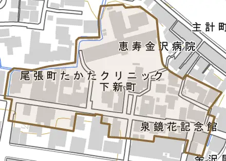 下新町とその周辺の地図。町の範囲を重ねている
