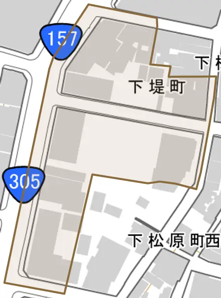 下堤町とその周辺の地図。町の範囲を重ねている