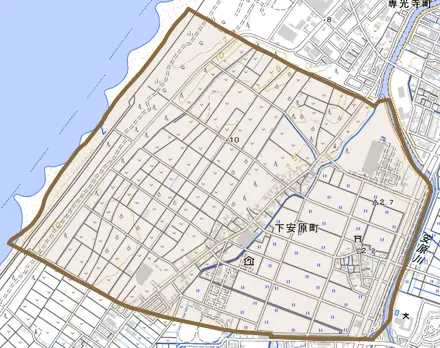 下安原町とその周辺の地図。町の範囲を重ねている