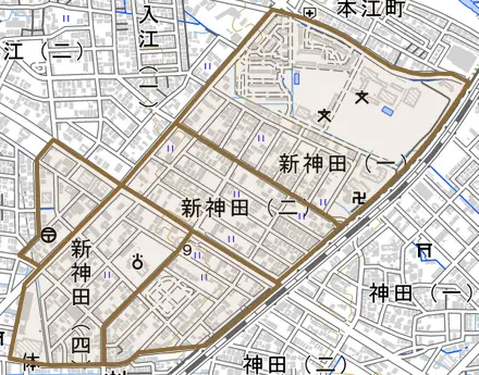 新神田とその周辺の地図。町の範囲を重ねている