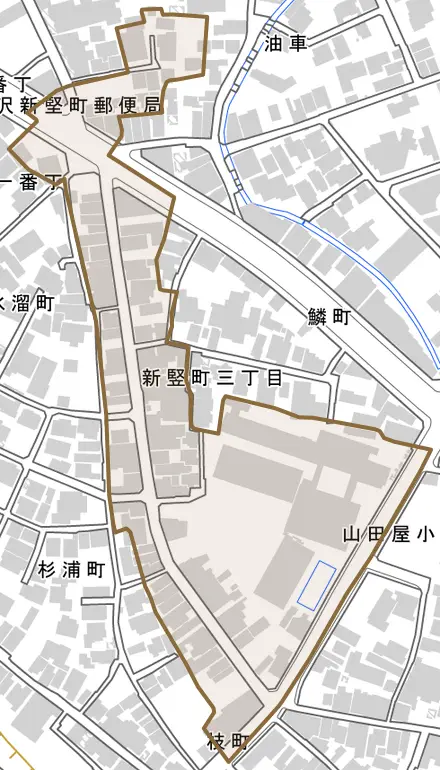 新竪町とその周辺の地図。町の範囲を重ねている