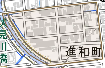 進和町とその周辺の地図。町の範囲を重ねている