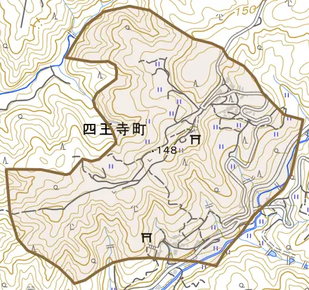 四王寺町とその周辺の地図。町の範囲を重ねている