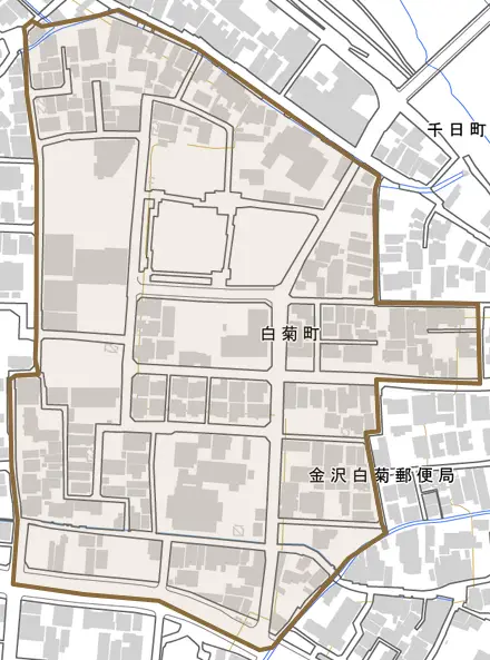 白菊町とその周辺の地図。町の範囲を重ねている