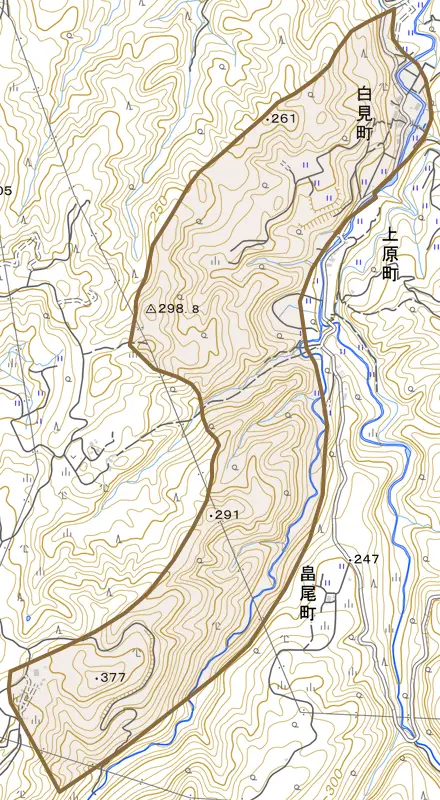 白見町とその周辺の地図。町の範囲を重ねている