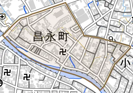 昌永町とその周辺の地図。町の範囲を重ねている