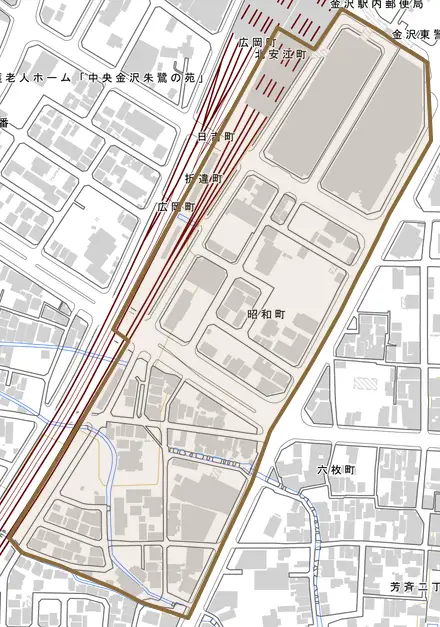 昭和町とその周辺の地図。町の範囲を重ねている