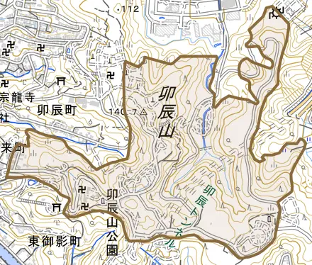 末広町とその周辺の地図。町の範囲を重ねている