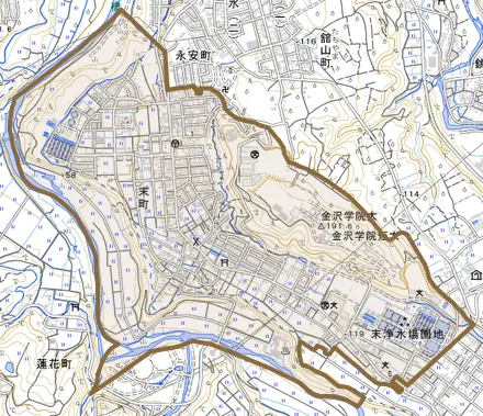 末町とその周辺の地図。町の範囲を重ねている