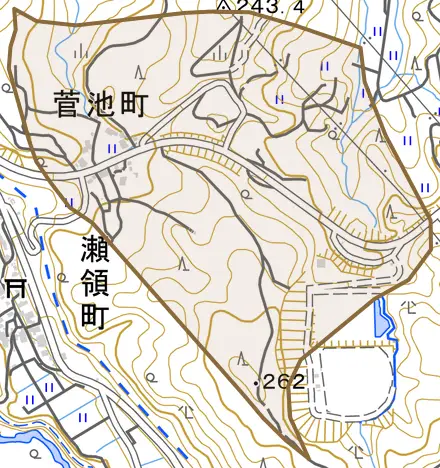 菅池町とその周辺の地図。町の範囲を重ねている