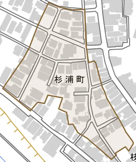 杉浦町とその周辺の地図。町の範囲を重ねている