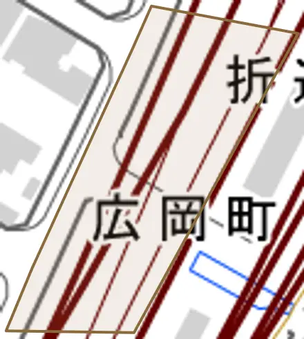 折違町とその周辺の地図。町の範囲を重ねている