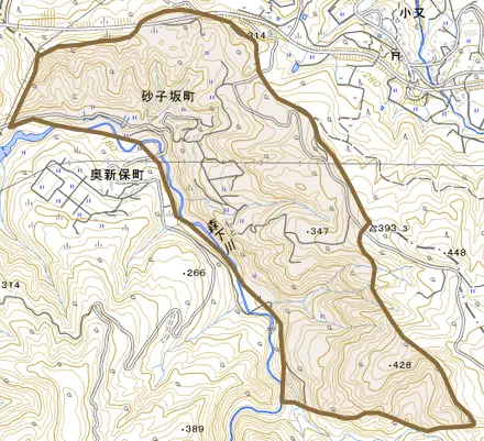 砂子坂町とその周辺の地図。町の範囲を重ねている
