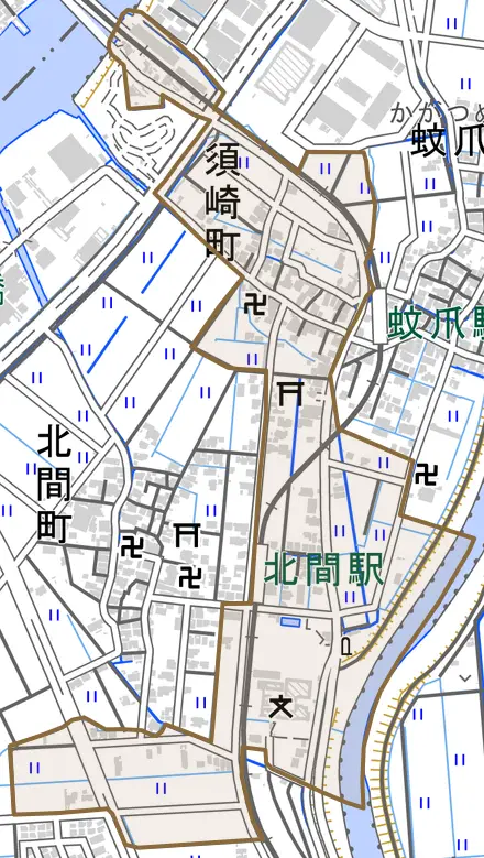 須崎町とその周辺の地図。町の範囲を重ねている