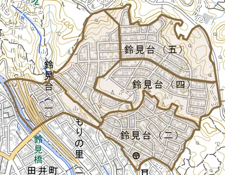 鈴見台とその周辺の地図。町の範囲を重ねている