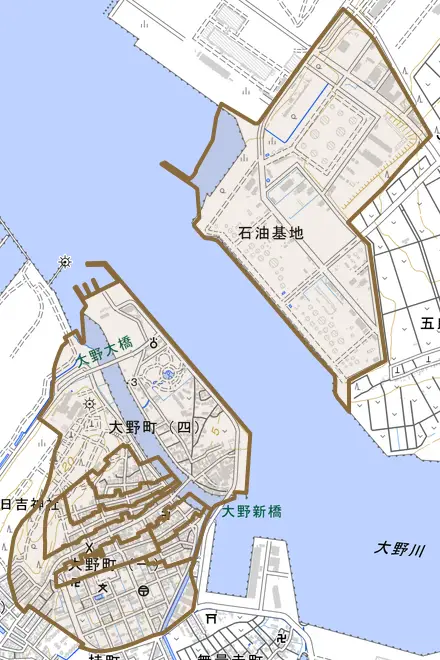 大野町とその周辺の地図。町の範囲を重ねている
