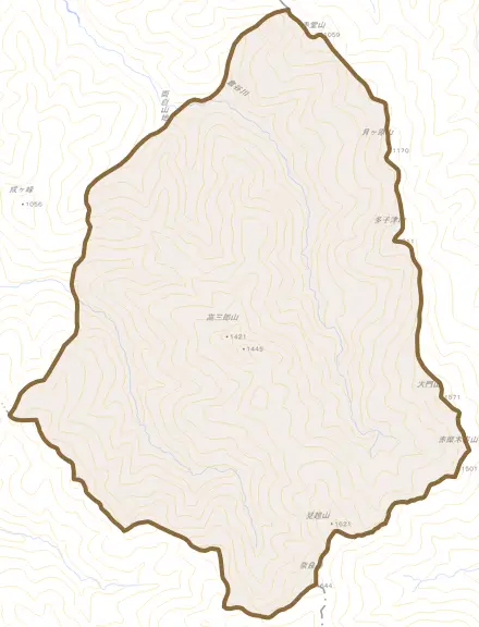 倉谷町とその周辺の地図。町の範囲を重ねている