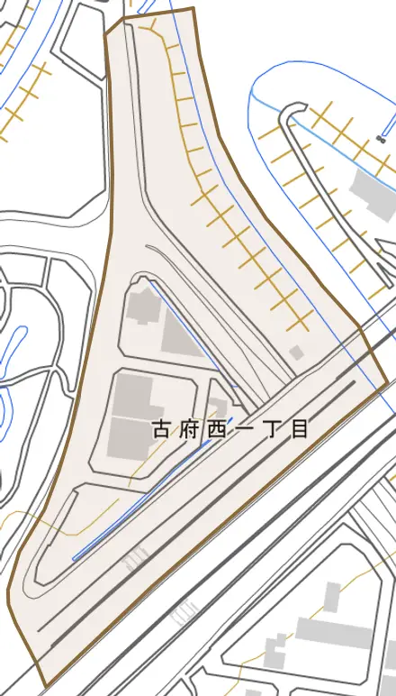 古府西とその周辺の地図。町の範囲を重ねている