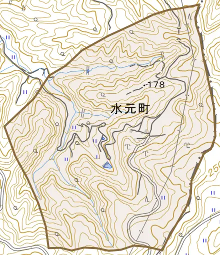 水元町とその周辺の地図。町の範囲を重ねている