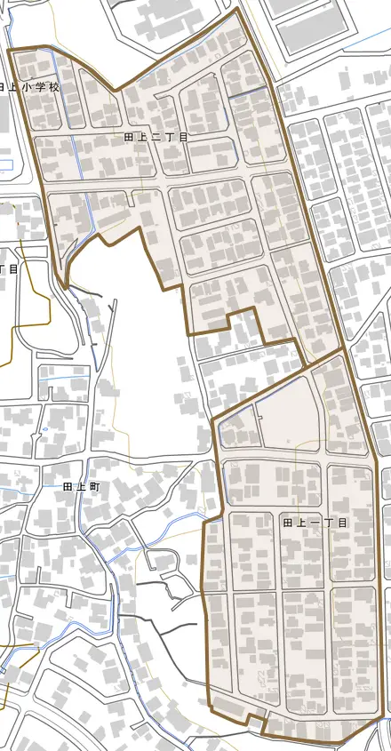 田上とその周辺の地図。町の範囲を重ねている