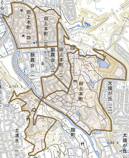 田上本町とその周辺の地図。町の範囲を重ねている