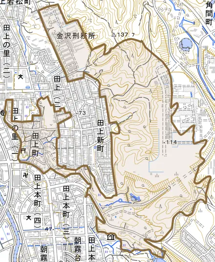 田上町とその周辺の地図。町の範囲を重ねている